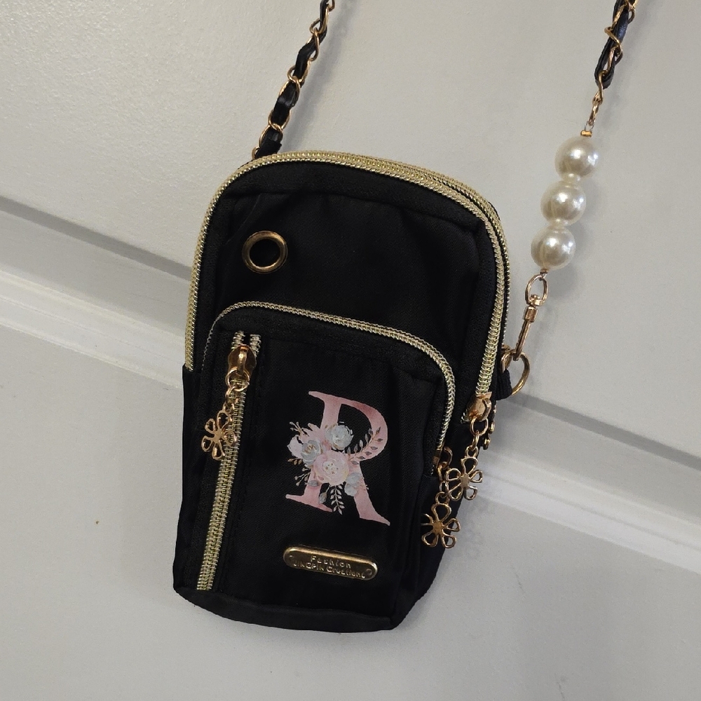 "R" Black Crossbody Bag with Gold Accents
